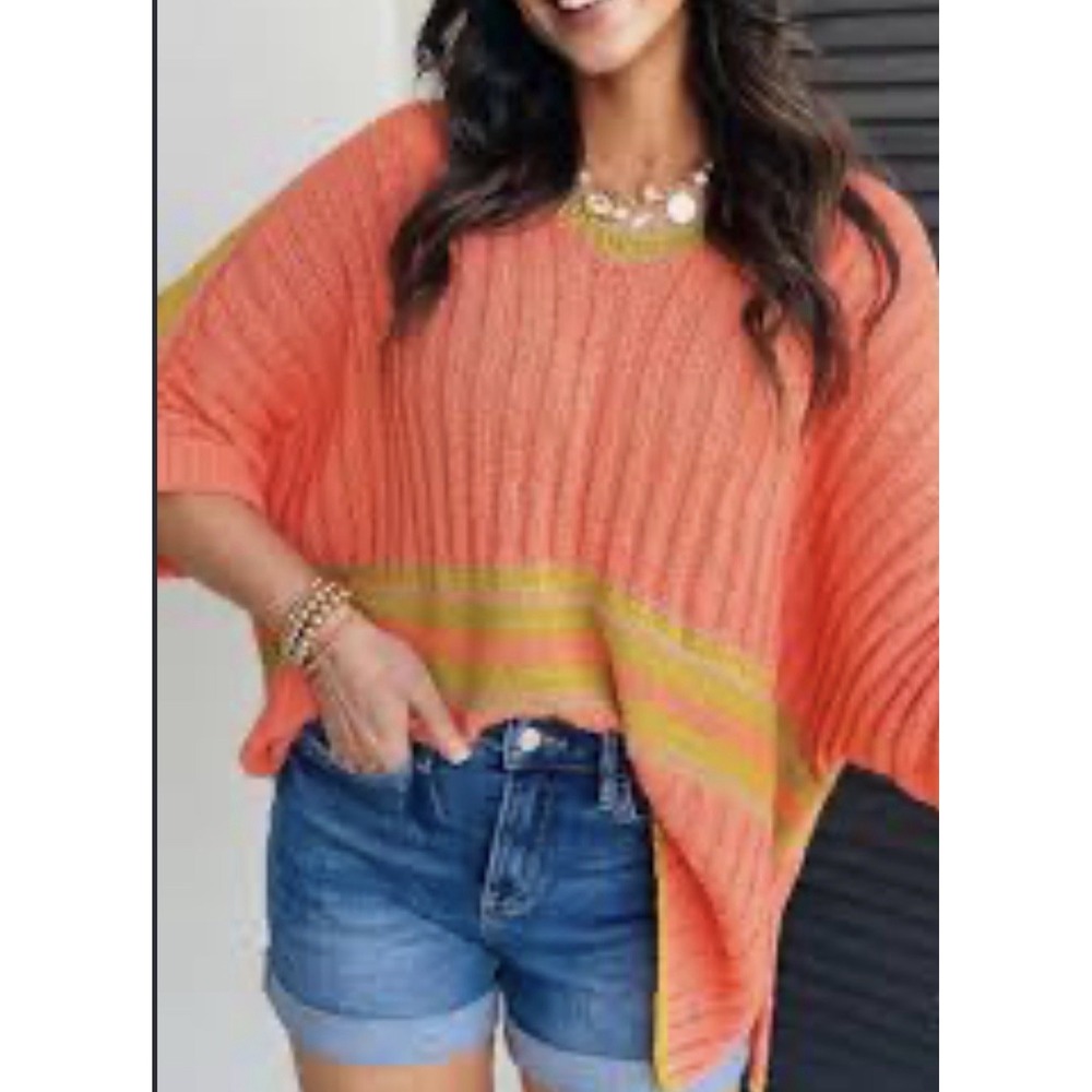 Easel Oversized Coral Striped Dolman Sweater Top Large NWT Boho